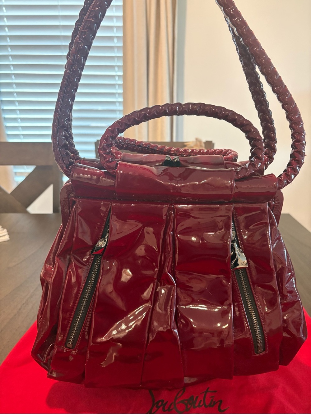 Christian Louboutin Burgundy Patent Leather Braided-Handle Shoulder Bag